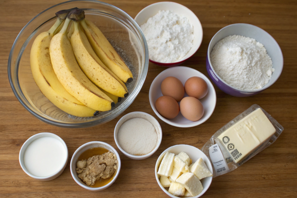 Close-up of the ingredients for banana bread including ripe bananas, flour, sugar, butter, and eggs arranged on a countertop.