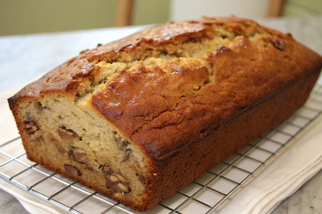 A golden-brown banana bread loaf on a cooling rack with slices ready to be served