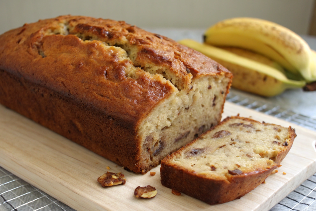 A freshly baked loaf of moist banana bread with slices cut and served on a wooden board.