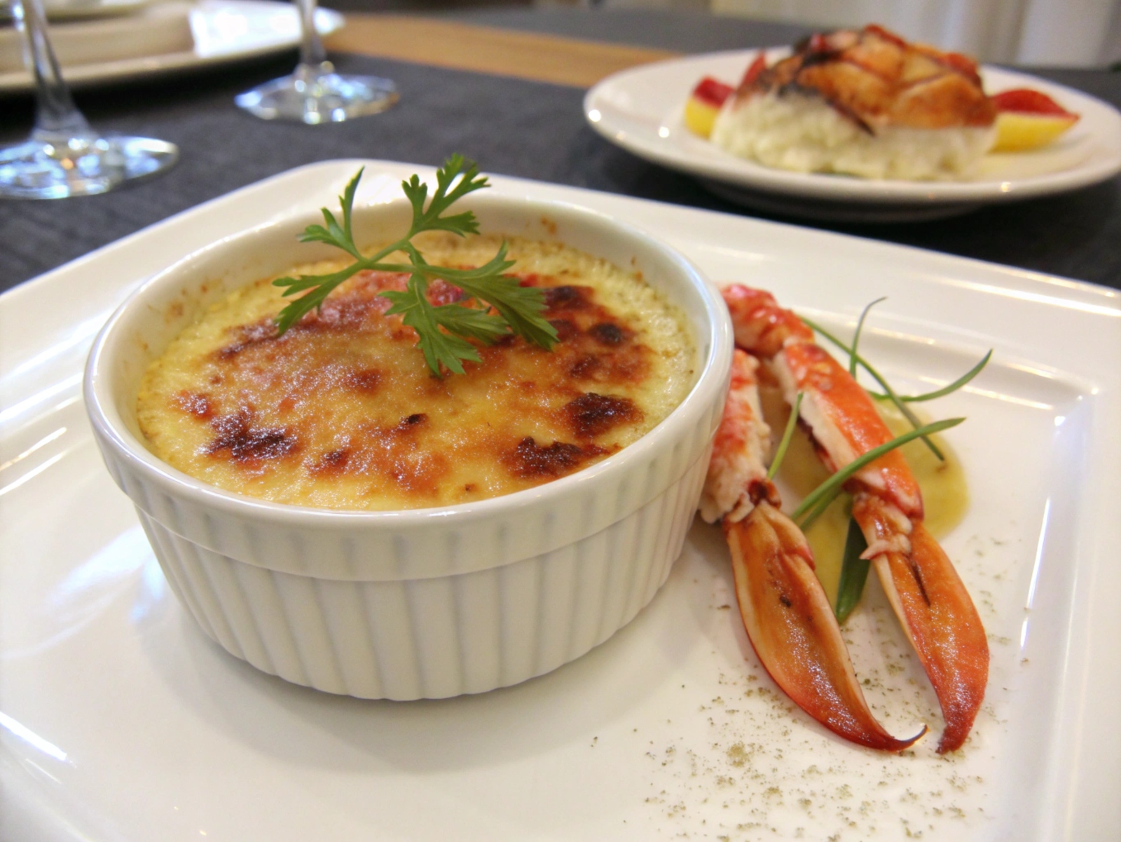 Elegant crab brûlée served in a small ceramic ramekin, topped with a golden caramelized crust, garnished with fresh herbs and served alongside crusty bread