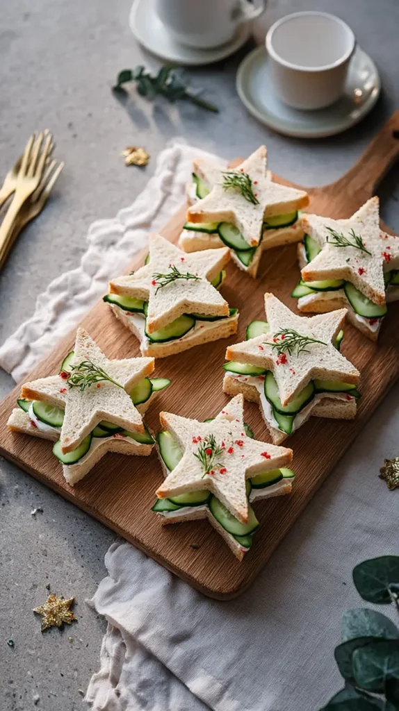 How to Make Perfect Cucumber Sandwiches with Cream Cheese 3 Cucumber Sandwiches with Cream Cheese cut into star shapes on a wooden board, layered with cucumber slices and topped with fresh dill beside tea cups.
