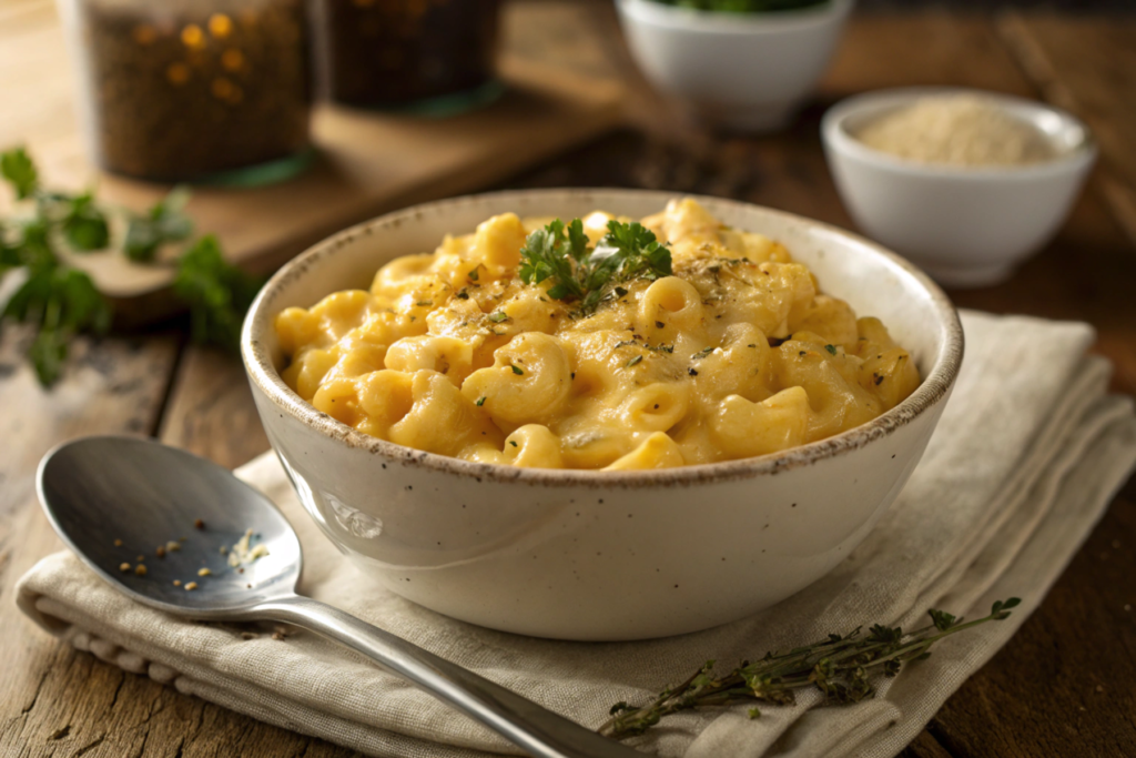 Close-up of creamy Tini Mac and Cheese with small macaroni, golden cheese sauce, and fresh herbs, served in a rustic bowl on a wooden table