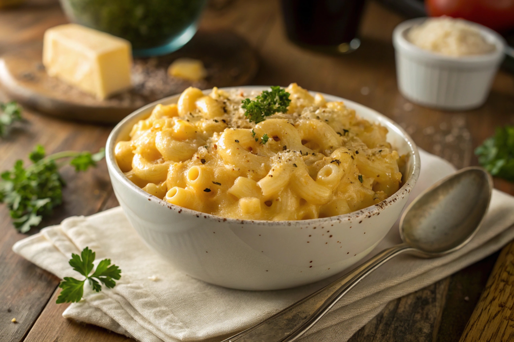 Delicious Tini Mac and Cheese with small macaroni, creamy cheese sauce, and a sprinkle of fresh herbs, served in a rustic bowl.