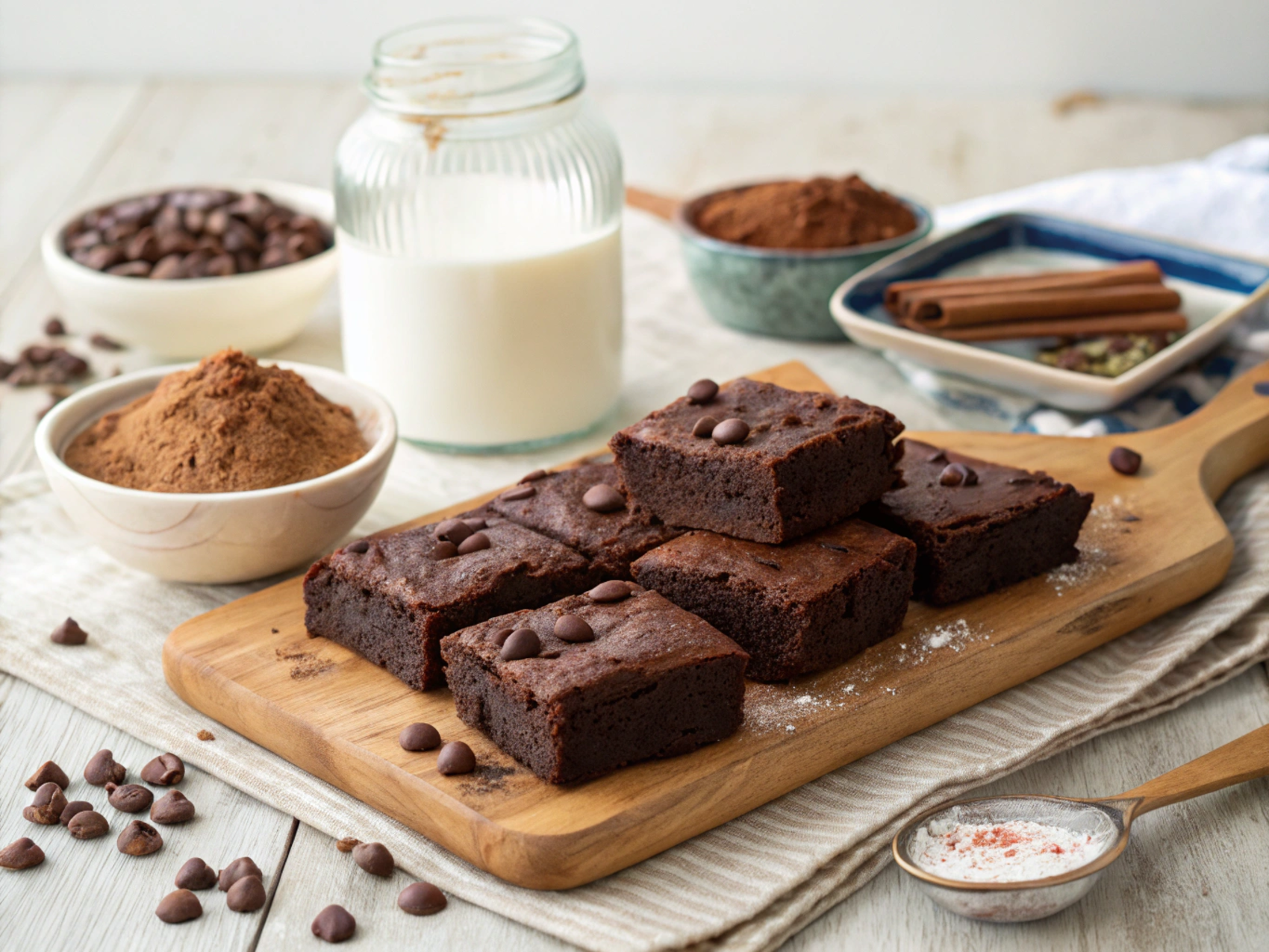 A flat lay of ingredients for low-calorie brownies, including almond flour, cocoa powder, Greek yogurt, and natural sweetener."