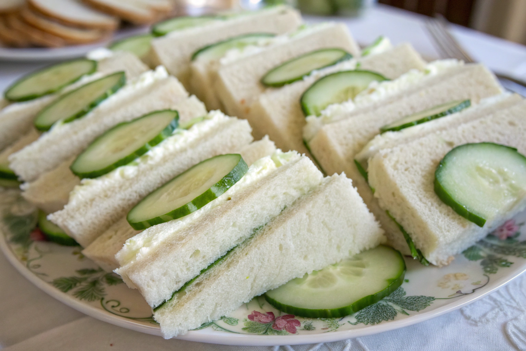 Freshly prepared cucumber sandwiches with cream cheese, arranged on a serving plate, perfect for a light snack or party appetizer