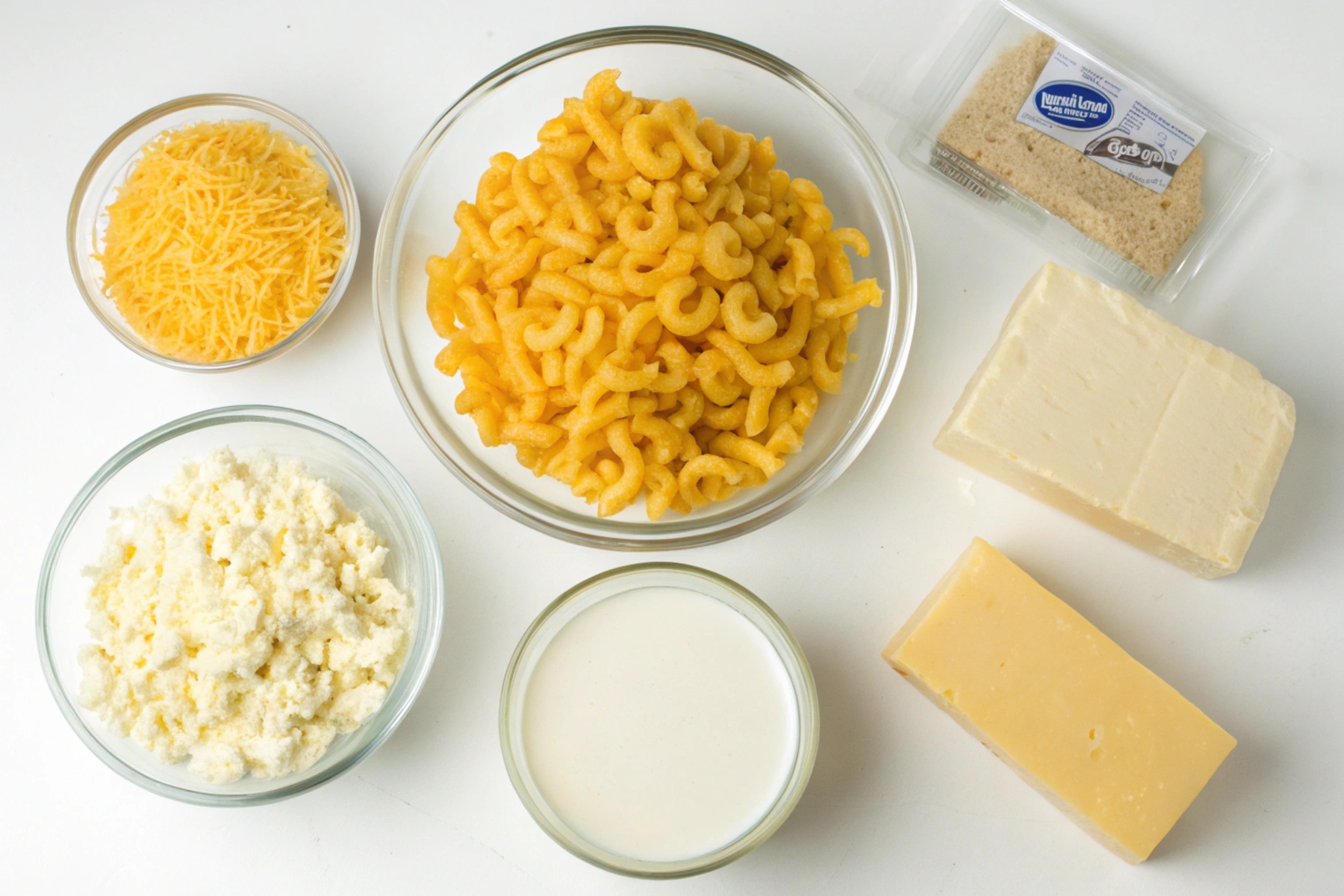 Ingredients for Tini Mac and Cheese: small macaroni, shredded cheese, milk, butter, and fresh herbs on a wooden table.