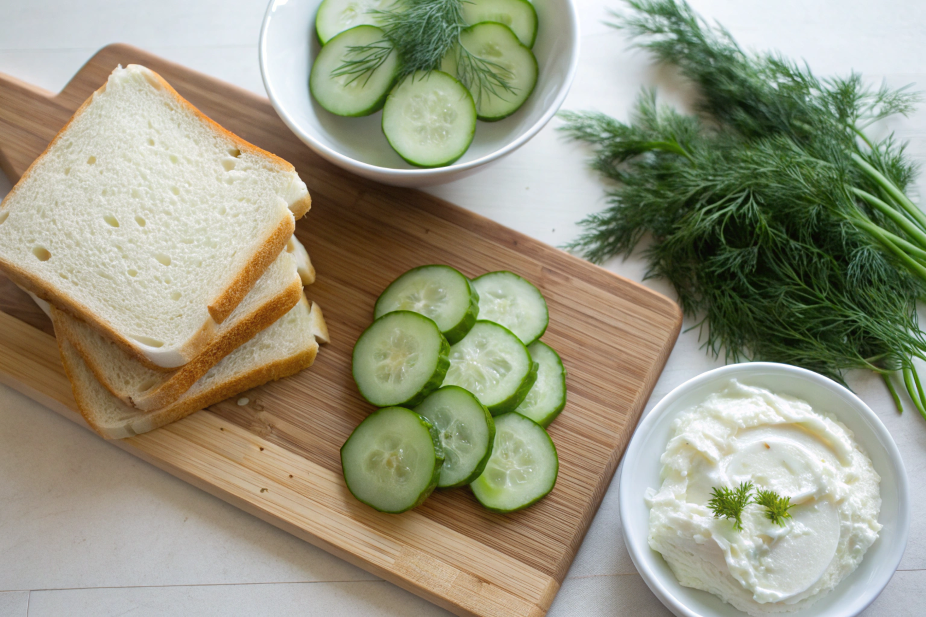 Ingredients for cucumber sandwiches with cream cheese, including fresh cucumbers, bread, and cream cheese, neatly arranged on a countertop