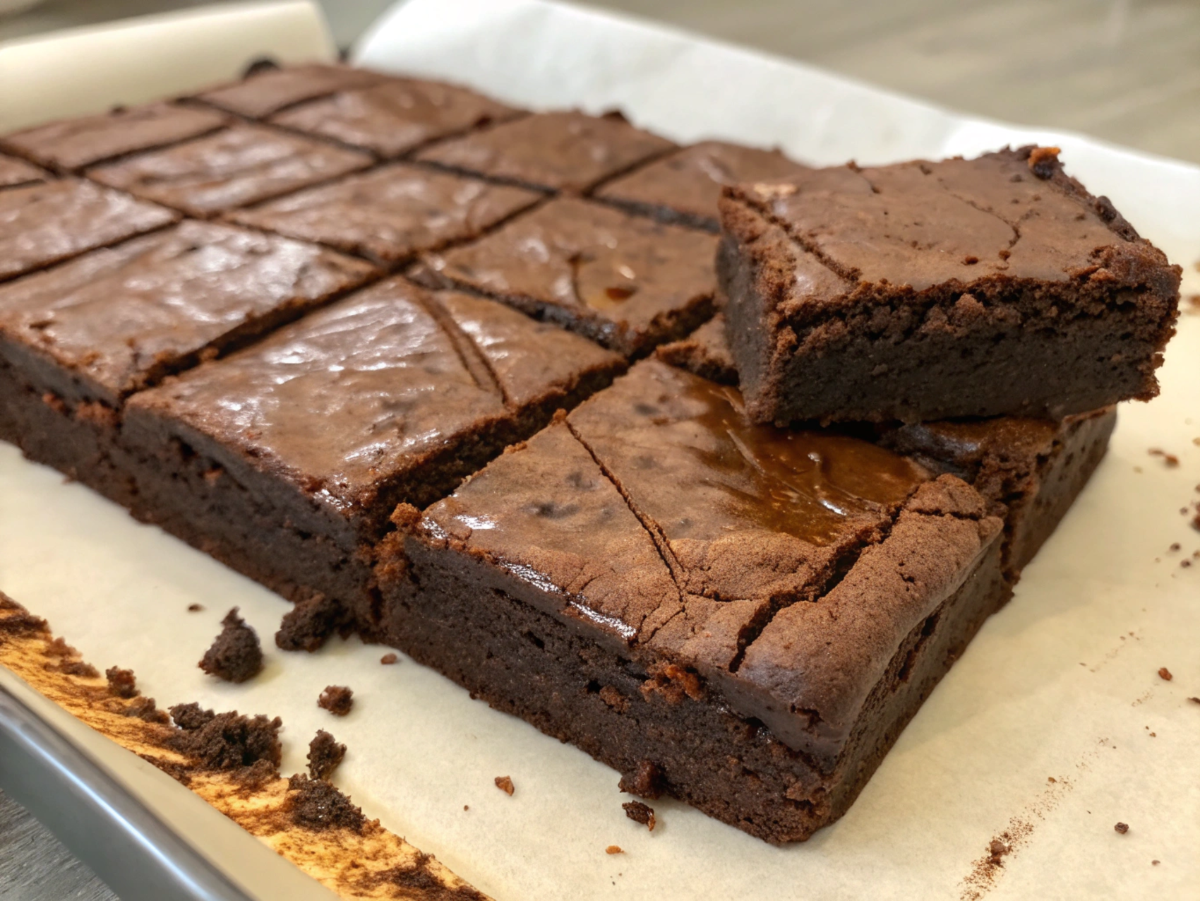 A batch of rich, fudgy low-calorie brownies with cocoa powder and chocolate chips