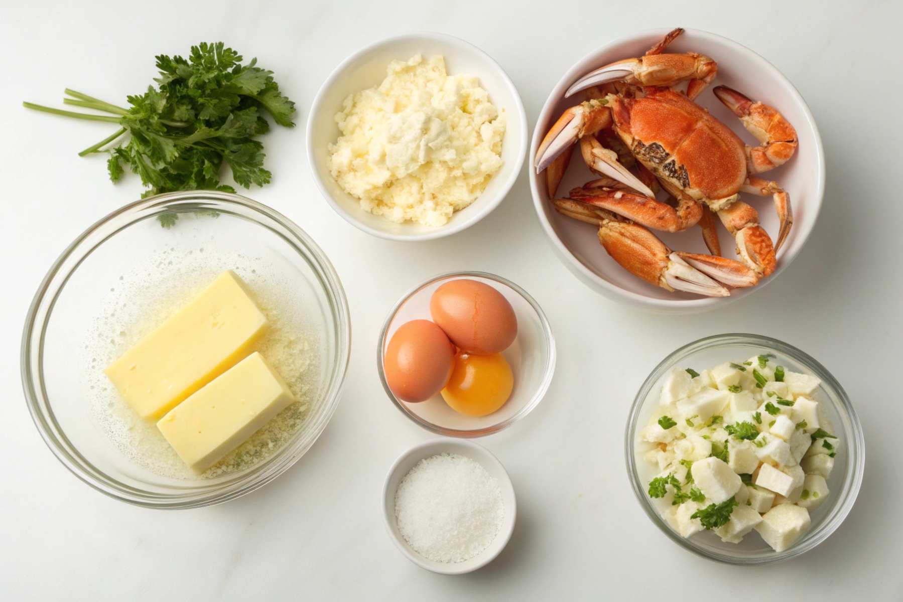 Fresh crab meat, cream, eggs, grated cheese, and herbs arranged on a wooden cutting board for a crab brûlée recipe.