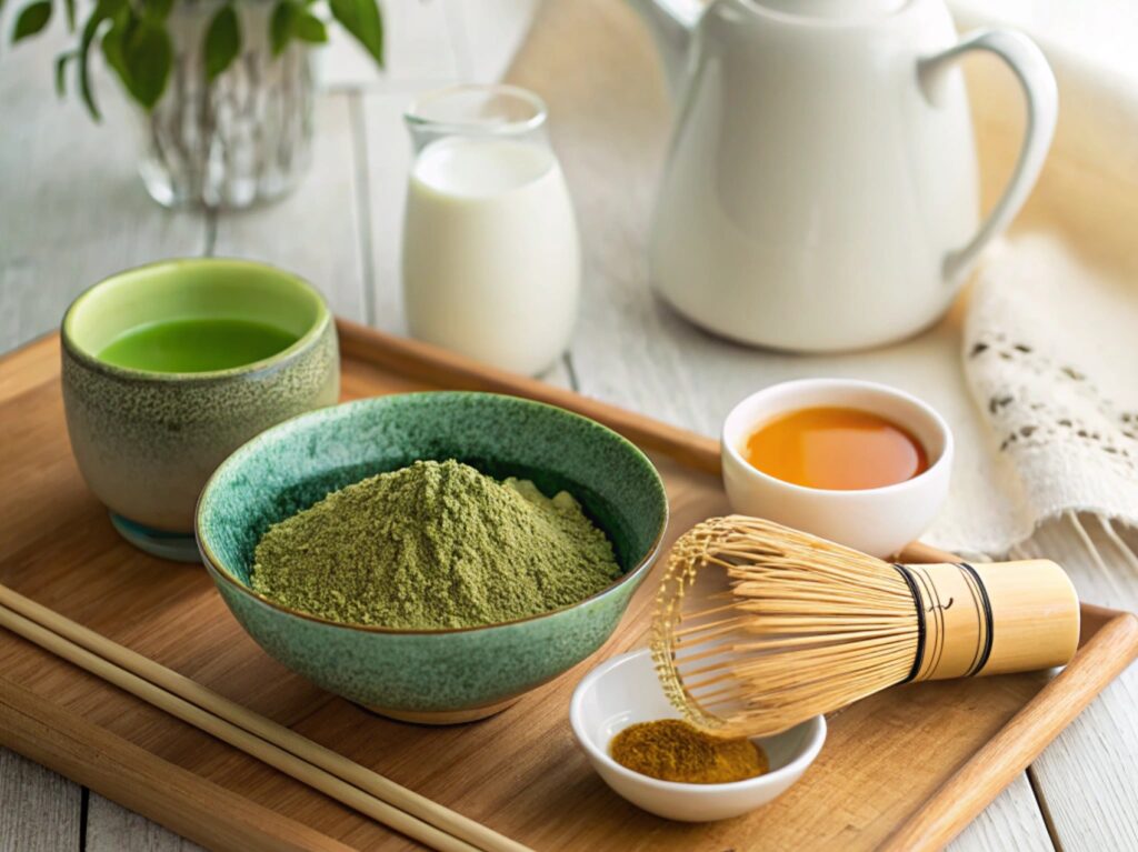 Matcha tea ingredients arranged on a wooden table, including matcha powder, a bamboo whisk, honey, warm water, and milk