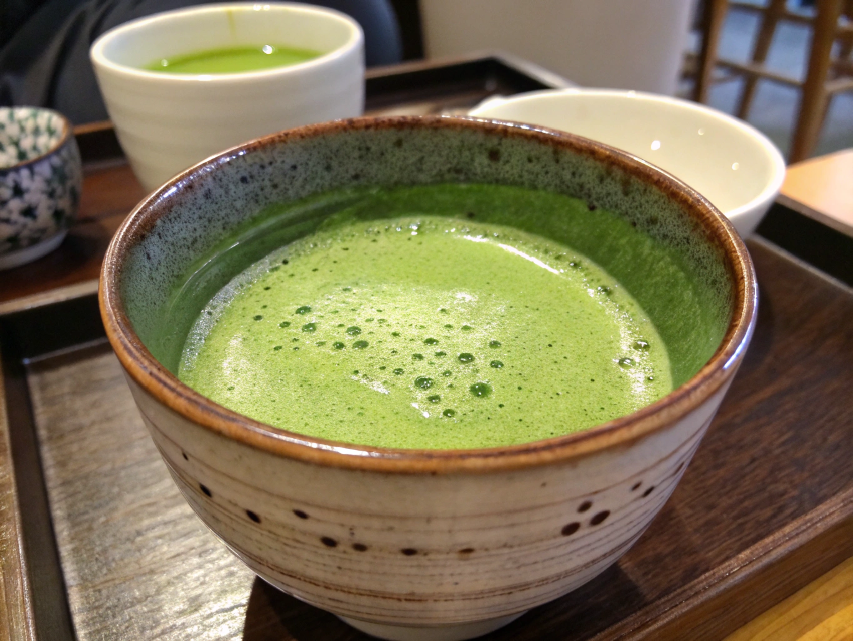 Beautiful matcha served in a ceramic cup on a wooden table