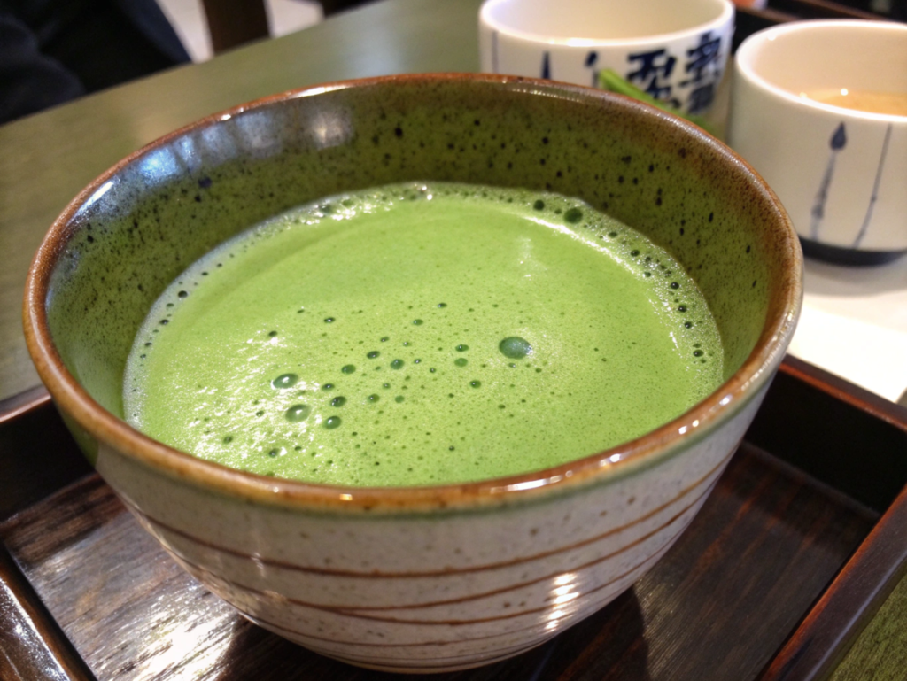 A traditional bamboo whisk next to a bowl of prepared matcha tea highlighting its vibrant green color and ceremonial preparation