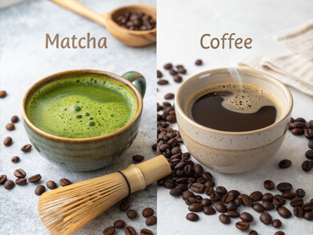 A matcha latte and a black coffee side by side representing the choice between calm focus and quick energy