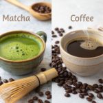 A matcha latte and a black coffee side by side representing the choice between calm focus and quick energy