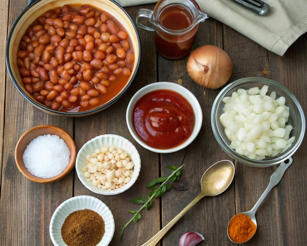 A flat-lay of baked beans ingredients including beans, onions, garlic, tomato sauce, brown sugar, and spices on a wooden surface