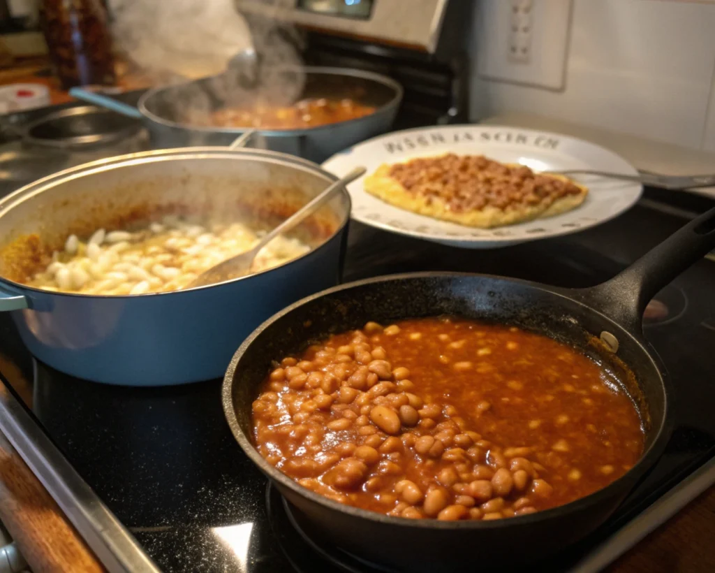 A pot of beans simmering in sauce, onions sautéing in a pan, and a casserole dish ready for baking.