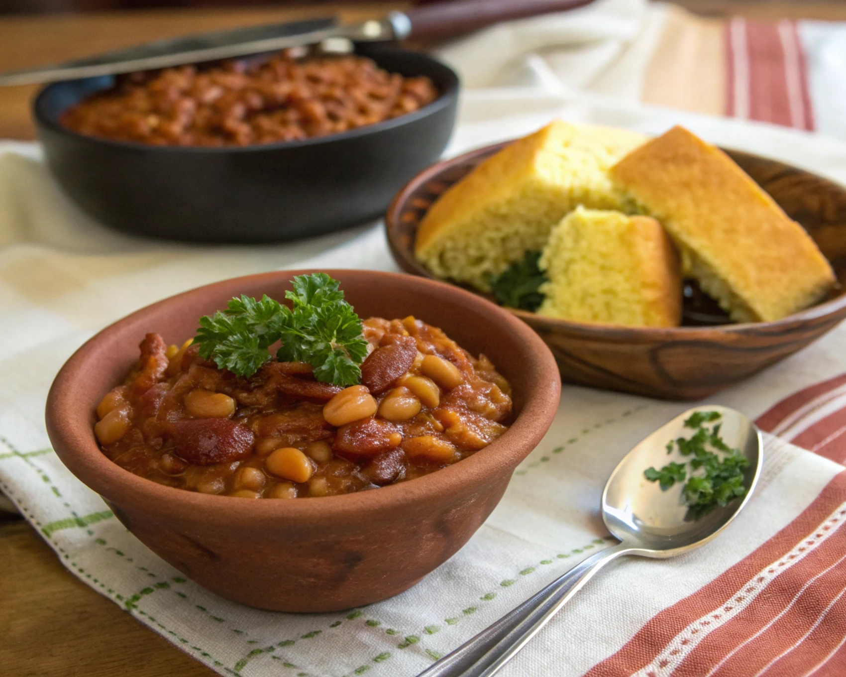 A bowl of baked beans garnished with parsley, served with cornbread slices on a rustic table.