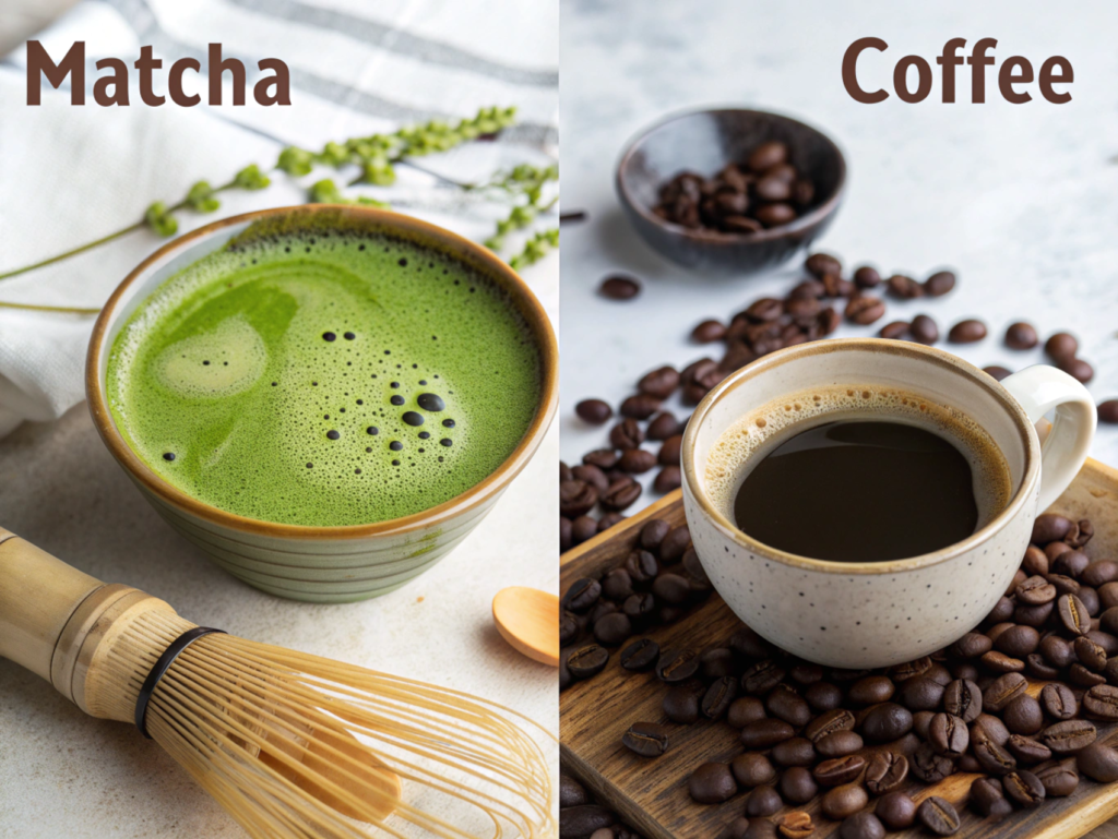 A cup of coffee next to a bowl of matcha powder showcasing the caffeine comparison between the two beverages