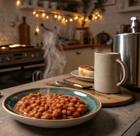 A plate of homemade baked beans, perfectly thickened and ready to serve, with a rich and hearty texture