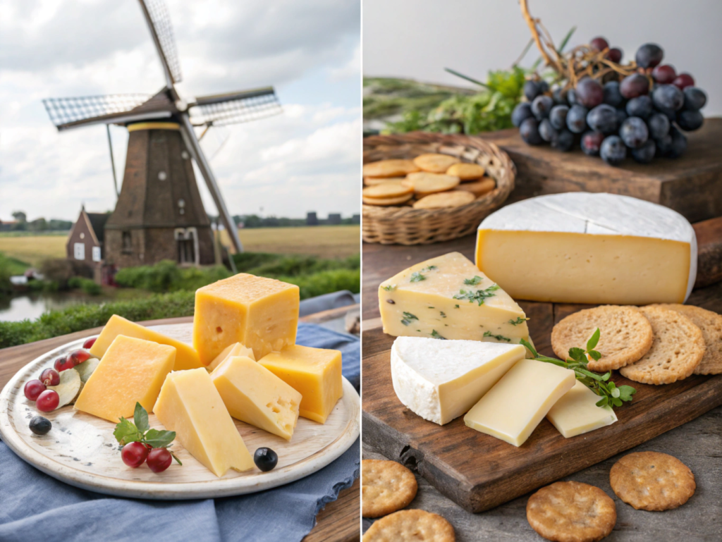 A variety of Dutch cheeses including Gouda, Edam, and Leyden on a wooden platter with traditional Dutch decor