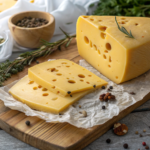 A single round of Gouda cheese on a wooden cutting board with a cheese knife beside it