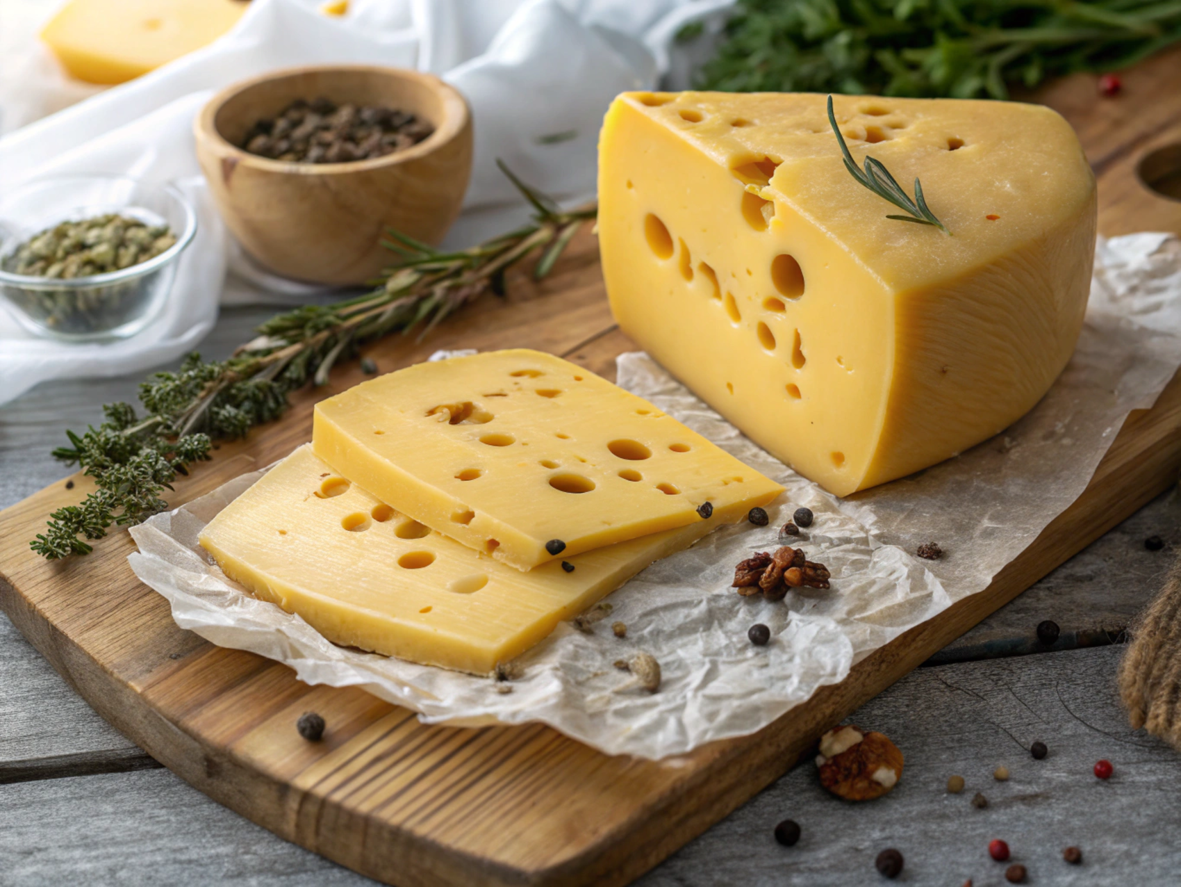 A single round of Gouda cheese on a wooden cutting board with a cheese knife beside it