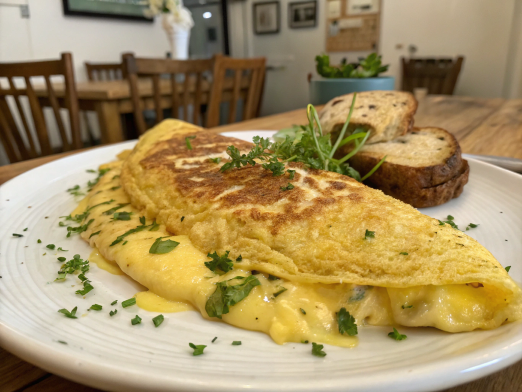 A fluffy omelette filled with melted Dutch Gouda cheese, garnished with fresh herbs on a white plate