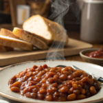 A pot of thickened baked beans simmering on a stove, showcasing the perfect consistency after fixing a watery texture