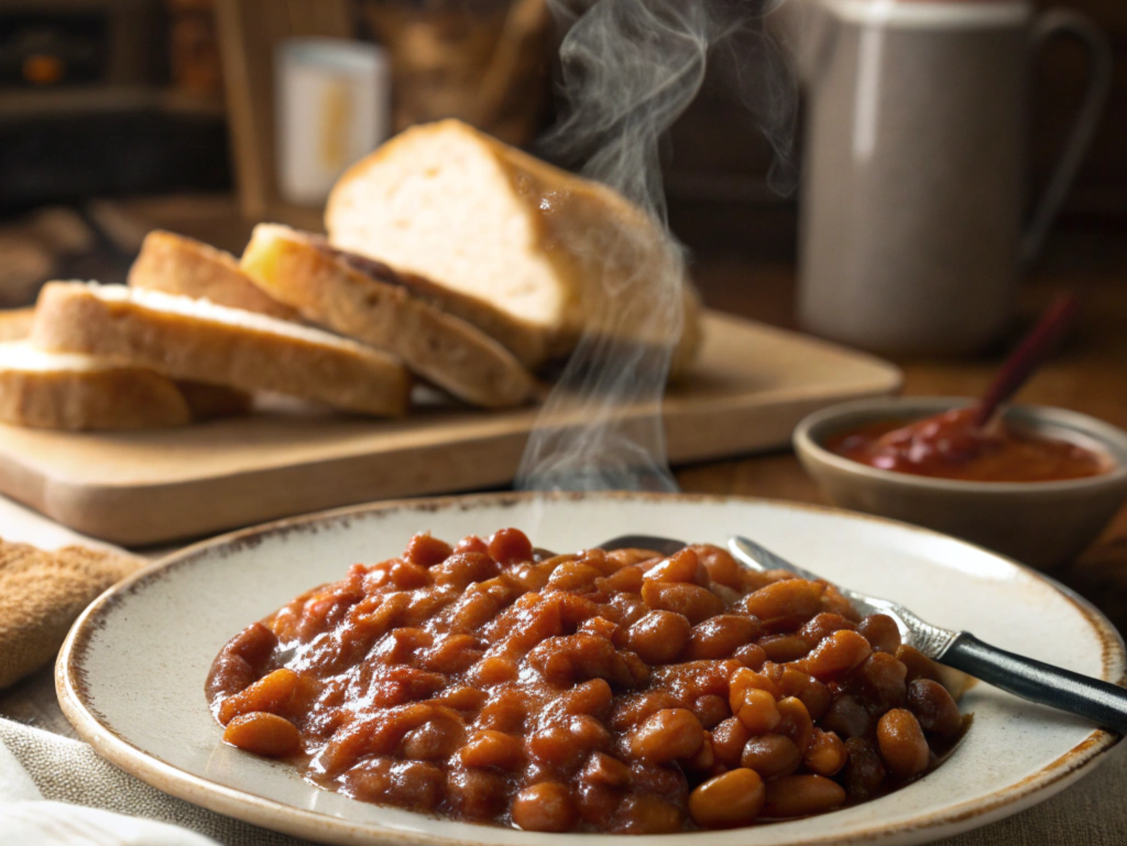 A pot of thickened baked beans simmering on a stove, showcasing the perfect consistency after fixing a watery texture