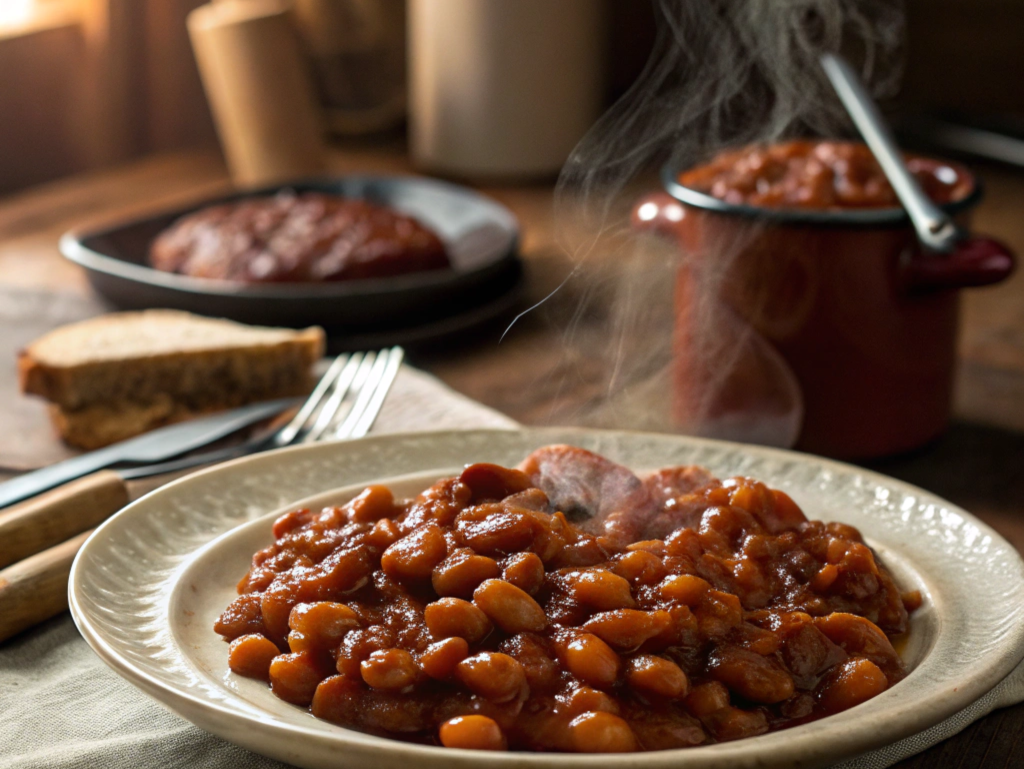 "A close-up of a spoon stirring thickened baked beans in a pot, showing the smooth and creamy consistency after fixing watery beans