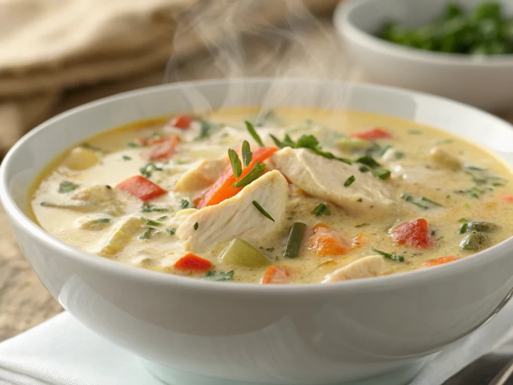 A bowl of creamy Marry Me Chicken Soup garnished with fresh basil and Parmesan cheese, served with crusty bread on the side