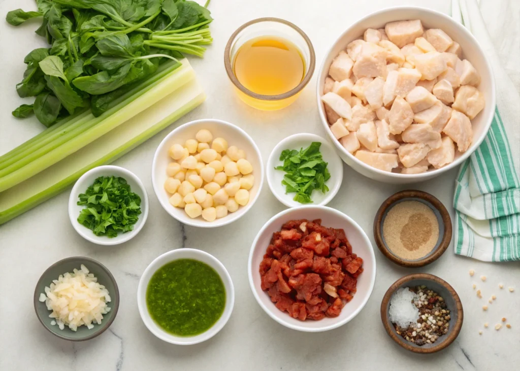 Flat lay of ingredients for Marry Me Chicken Soup, including chicken breasts, garlic, onions, sun-dried tomatoes, basil, chicken broth, and seasonings