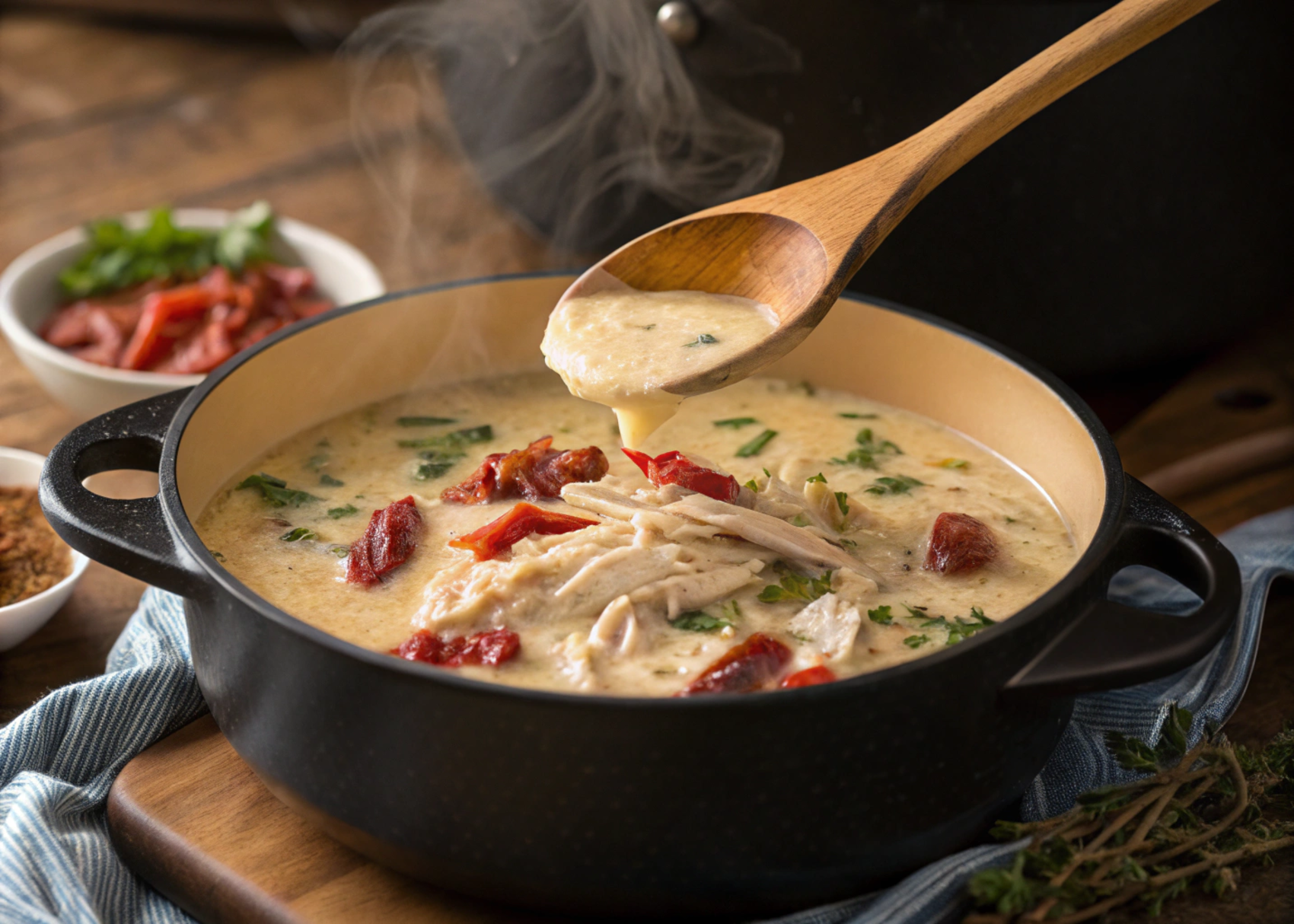 A pot of Marry Me Chicken Soup simmering on the stovetop, with shredded chicken and sun-dried tomatoes being stirred in