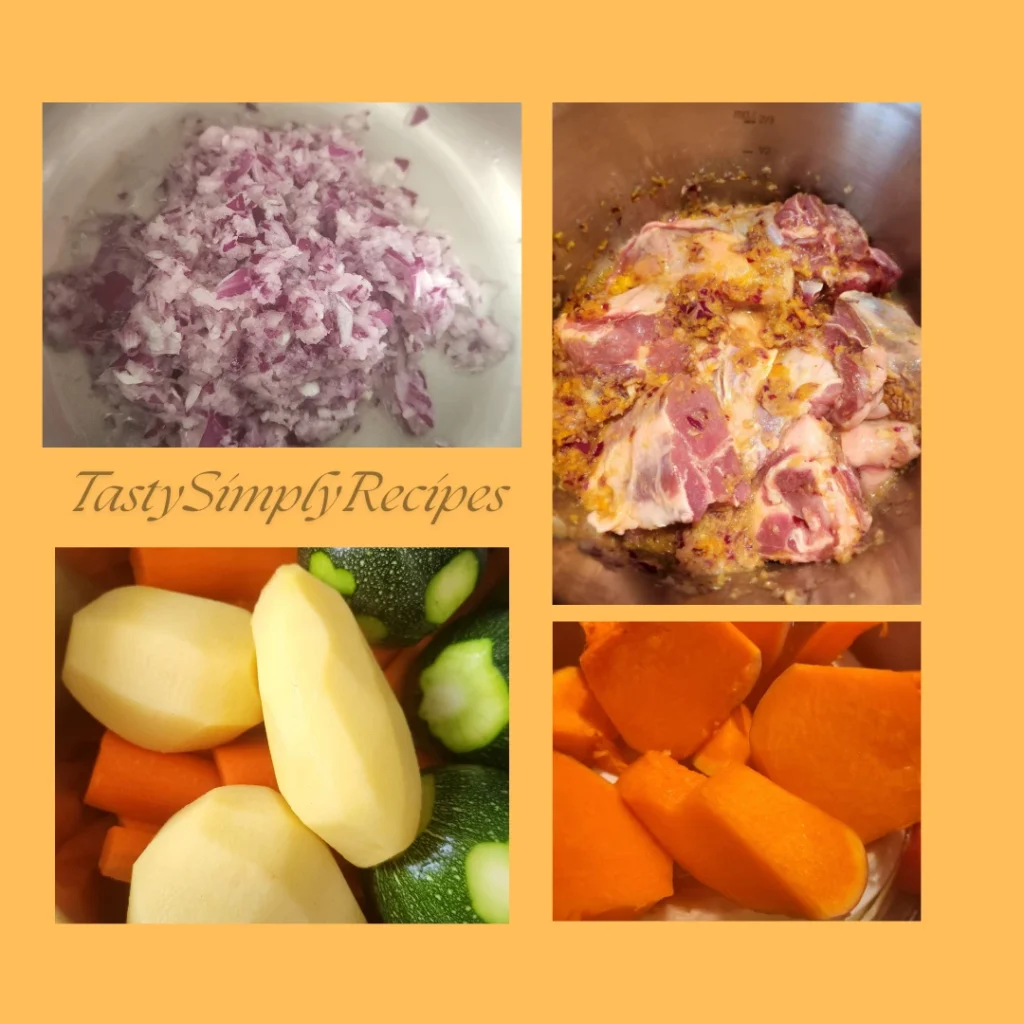 Chopped onions, marinated lamb, and fresh vegetables (potatoes, carrots, zucchini, and butternut squash) prepared for a traditional Moroccan dish.