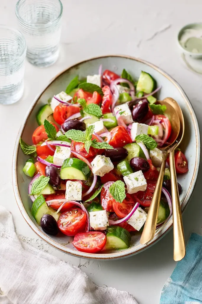 Greek Salad Recipe for Romance presented in a light ceramic dish with fresh mint, olives, and feta, evoking a Mediterranean coastal mood — perfect for romantic dinners or travel-inspired summer meals.