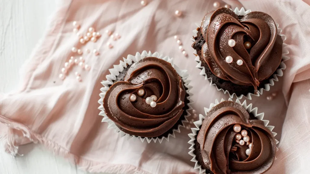 2 Heart-shaped chocolate cupcakes topped with smooth chocolate frosting, pink sprinkles.