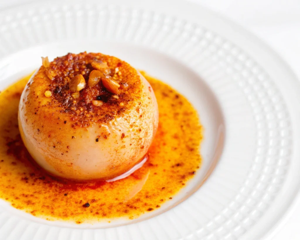 A beautifully caramelized baked onion, coated in a spiced, golden butter sauce, served on a white plate.