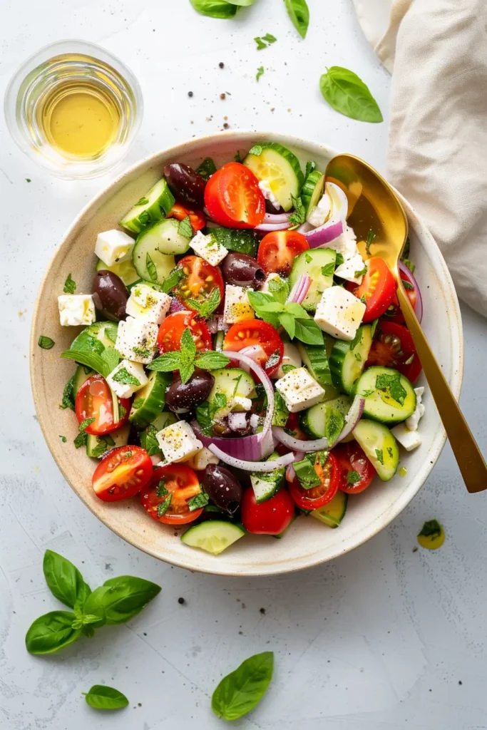 The Best Greek Salad Recipe for Romance 3 Close-up of Greek Salad Recipe for Romance with juicy cherry tomatoes, crisp cucumber slices, creamy feta cubes, red onion, and olives, captured in warm natural daylight for a cozy summer lunch vibe.