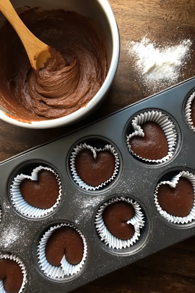 Heart-Shaped chocolate cupcake batter inside baking liners placed in a muffin tray.