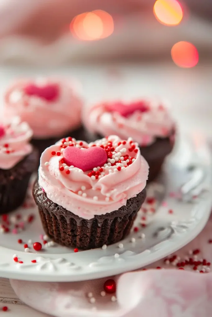 Close-up of Heart-Shaped Chocolate Cupcakes topped with pink buttercream frosting and heart sprinkles.