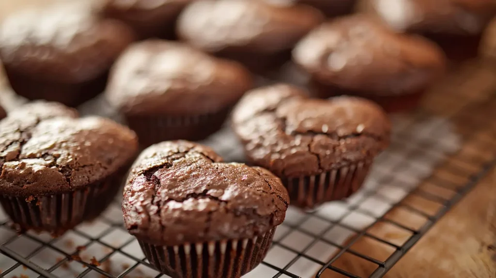 Heart-Shaped Chocolate Cupcakes cooling on a wire rack with a rich, crackled top.