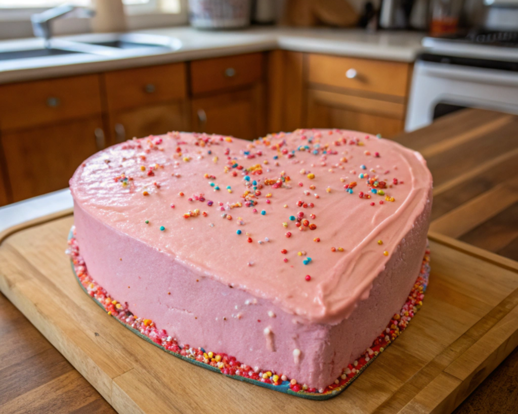 A freshly baked heart-shaped cake with smooth pink frosting and colorful sprinkles, sitting on a wooden cutting board in a cozy kitchen.