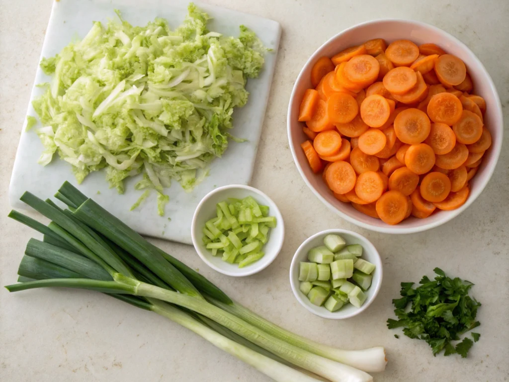 Freshly chopped vegetables including shredded cabbage, sliced carrots, celery, green onions, and parsley, neatly arranged on a light-colored surface for preparing a vegetable soup with cabbage.