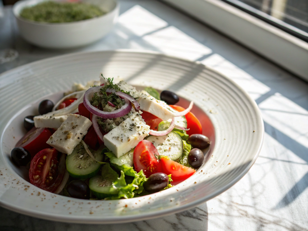 Close-up view of a Greek salad romance, highlighting vibrant tomatoes, crisp cucumbers, savory olives, and creamy feta cheese under natural lighting.