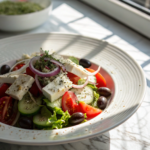 Close-up view of a Greek salad romance, highlighting vibrant tomatoes, crisp cucumbers, savory olives, and creamy feta cheese under natural lighting.