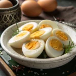 A ceramic bowl filled with halved boiled eggs garnished with fresh rosemary, displayed on a rustic serving tray.