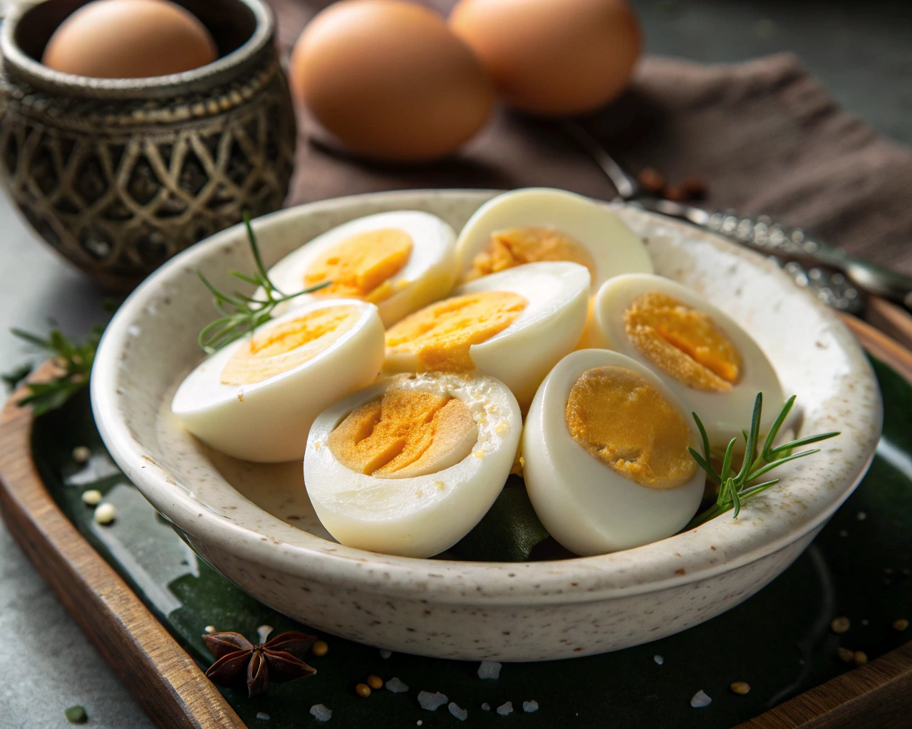 A ceramic bowl filled with halved boiled eggs garnished with fresh rosemary, displayed on a rustic serving tray.