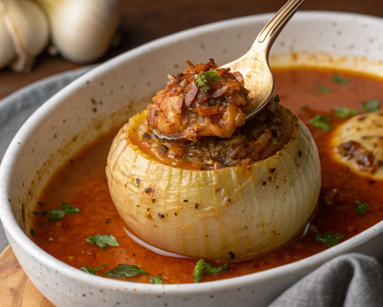 A close-up of a stuffed onion filled with a flavorful mixture, served in a rich tomato-based sauce with a spoon lifting the filling.