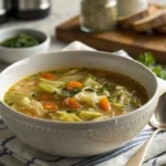 A bowl of homemade cabbage soup with carrots, celery, and herbs, served in a white ceramic bowl on a cloth napkin, accompanied by a spoon and fresh bread in the background.