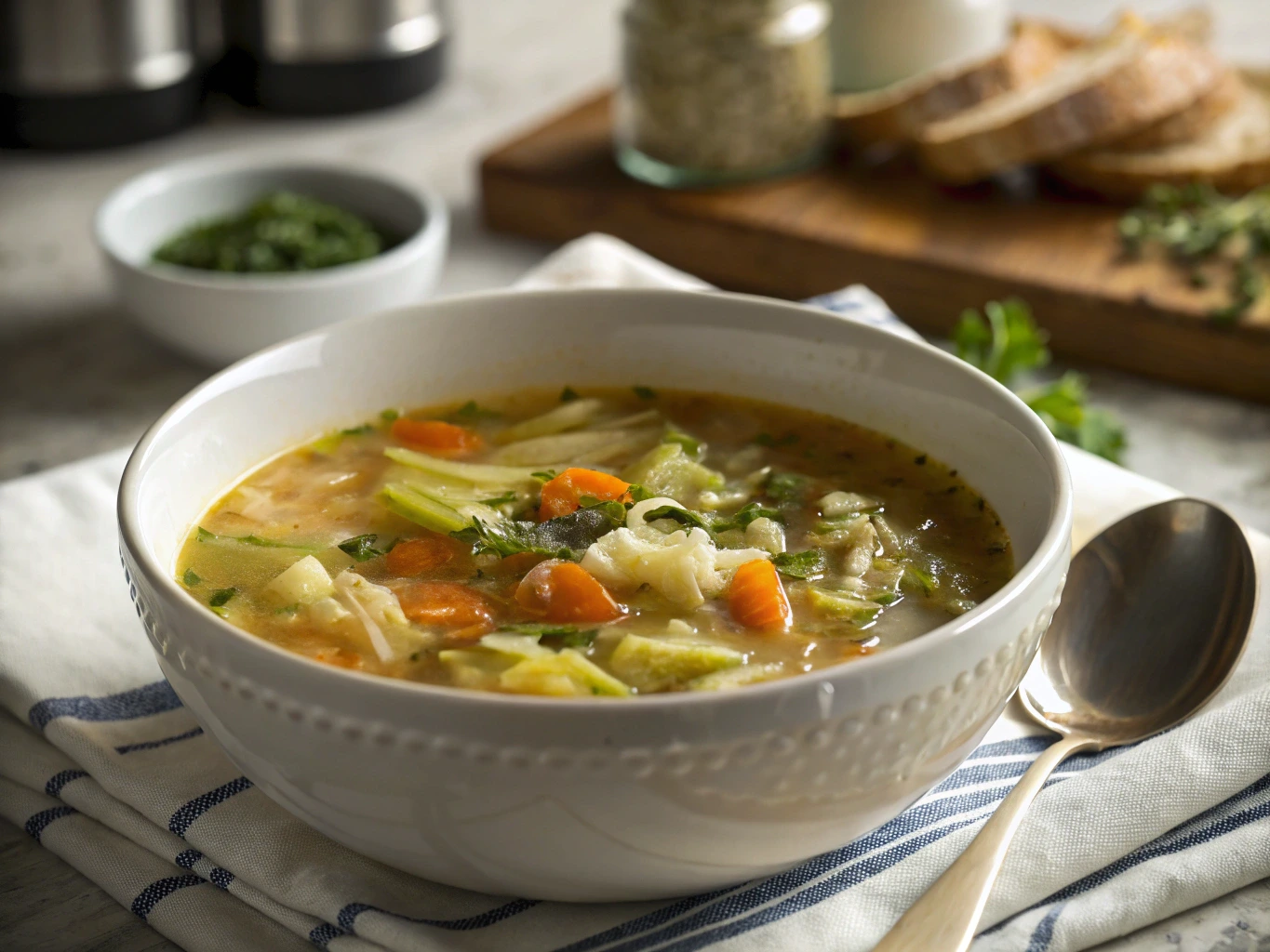 A bowl of homemade cabbage soup with carrots, celery, and herbs, served in a white ceramic bowl on a cloth napkin, accompanied by a spoon and fresh bread in the background.